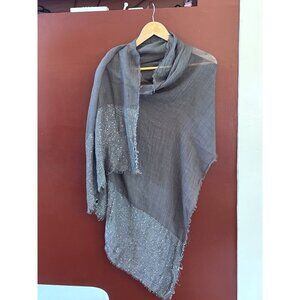 Gray Lightweight Scarf With Silver Sequin Stripes & Frayed Edges 76 x 26"